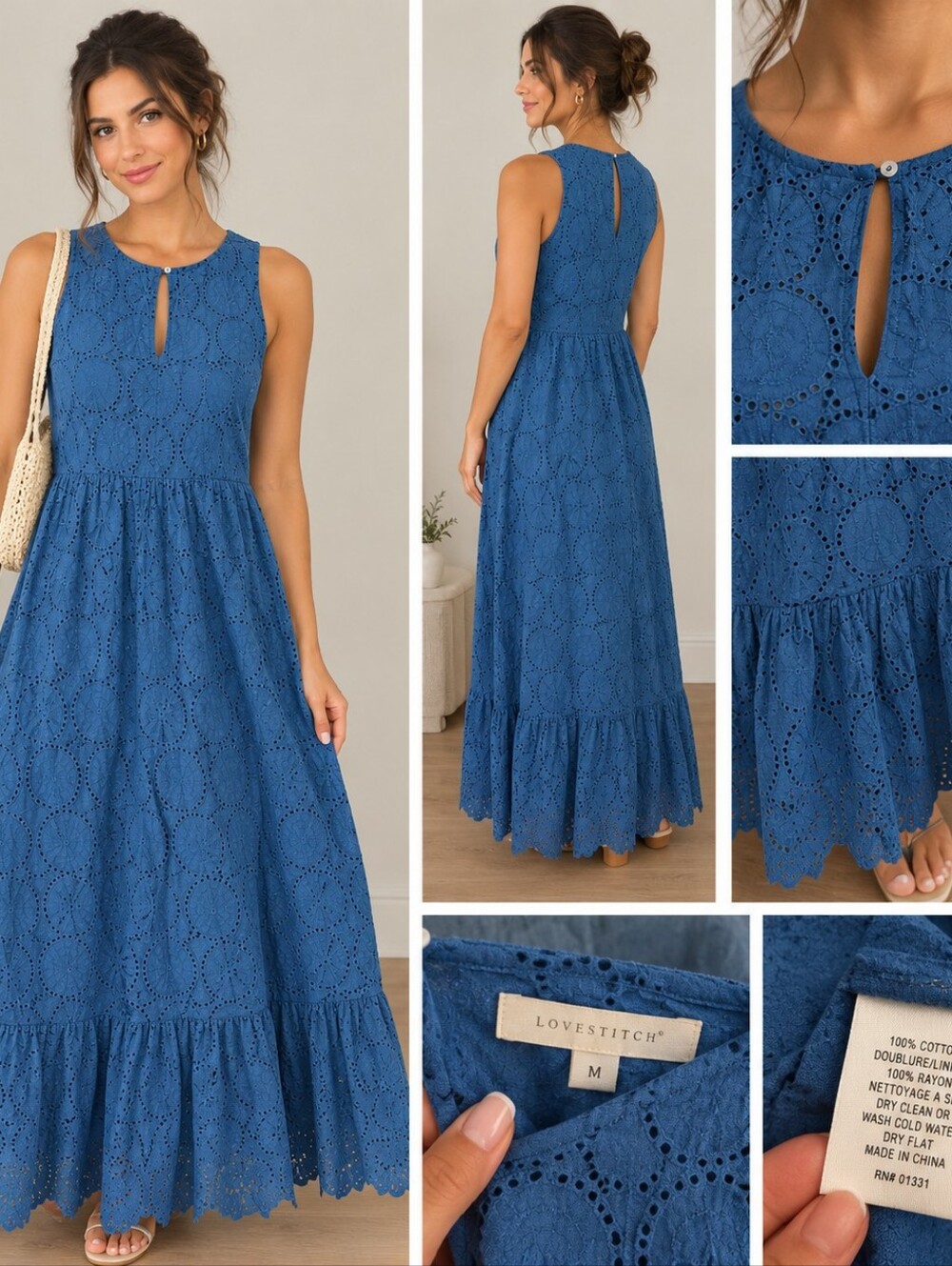 Womens Blue Eyelet Maxi Dress - Medium